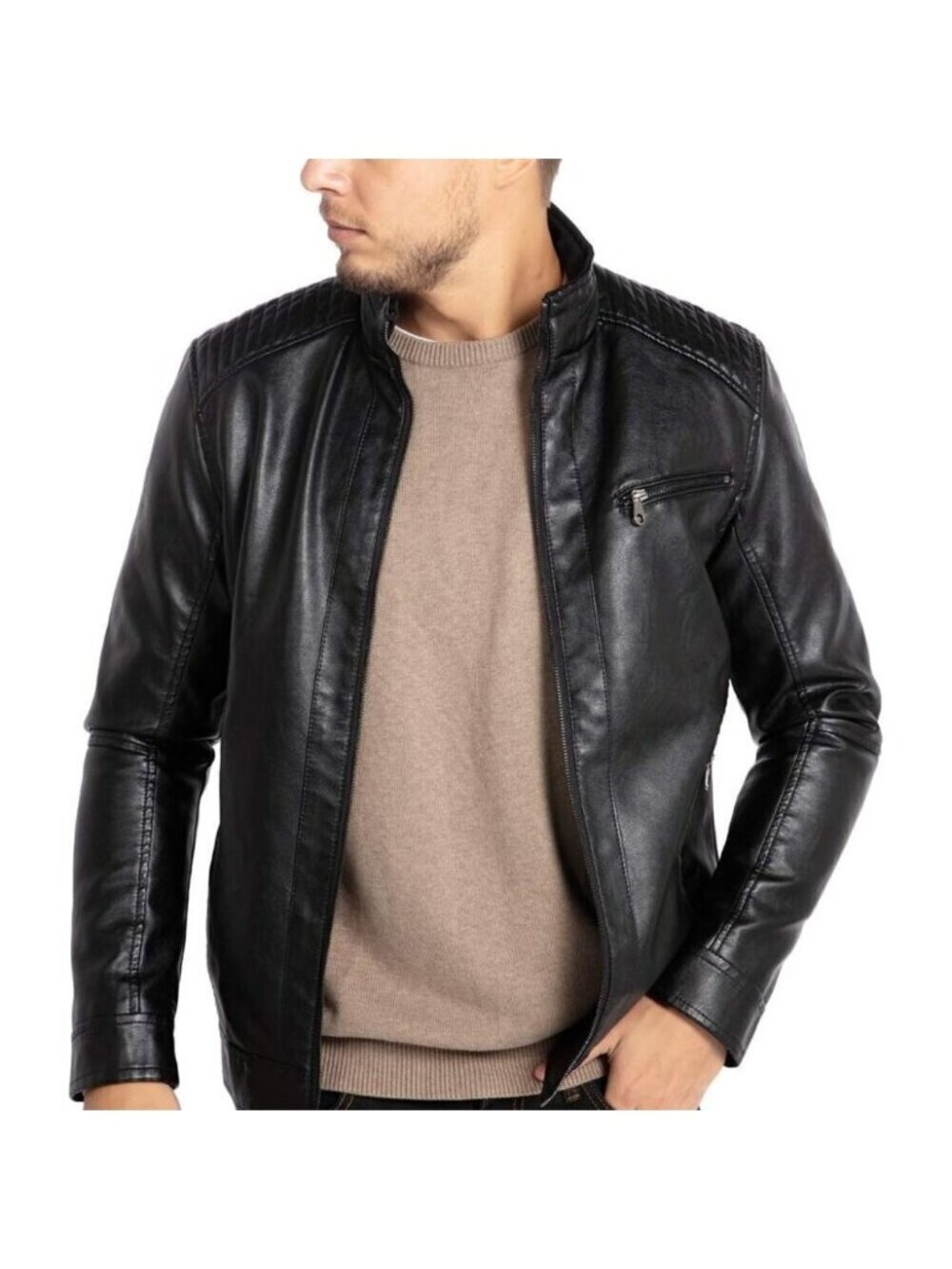 Men Black Faux Leather Stand Collar Jacket Motorcycle Lightweight Outwear Style